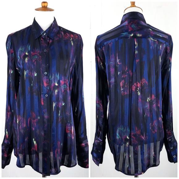 Equipment Tops - Equipment Sheer Silk Blend Button Front Blouse Abstract Stripe Size Small Blue
